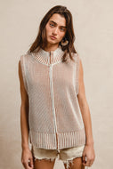 BiBi Two Toned Stripe Knit Sweater Zip up Vest in Ivory/Latte