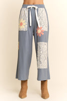 Davi & Dani Knit and Lace Pants with Flower Patches in Blue Multi