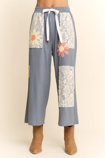Davi & Dani Knit and Lace Pants with Flower Patches in Blue Multi