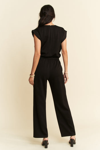 Davi & Dani Soft Knit Solid Color Jumpsuit with Rhinestone Details in Black