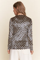 J.nna FITTED Checkered Print Velvet Top in Black