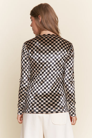 J.nna FITTED Checkered Print Velvet Top in Black