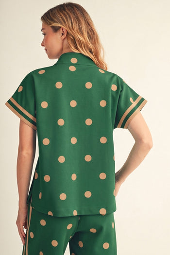 Jodifl Color Rib Band Contrast Zip Up Polka Dot Top in Hunter Green