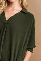 Umgee Solid Texture Fabric Smoked Cuff Dress in Olive