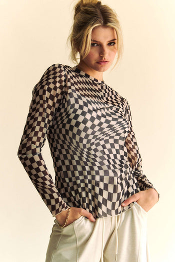 Davi & Dani Checkered Board Print Mesh Layering Top in Black