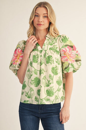 Jodifl Embroidery Detail Floral Babydoll Top in Green