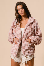 Load image into Gallery viewer, BiBi Checkered Pattern Zip Up Front Sherpa Hoodie in Dusty Pink/Blush
