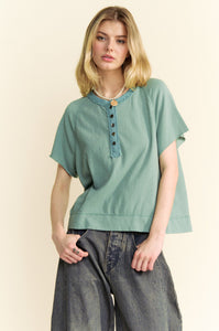 Davi & Dani Breezy Knit Henley Top in Olive Sage