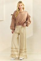 Mittoshop Mineral Washed Ruffle Trim Wide Leg Pants in Natural