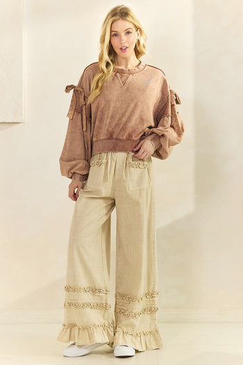 Mittoshop Mineral Washed Ruffle Trim Wide Leg Pants in Natural
