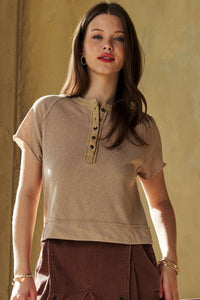 Davi & Dani Breezy Knit Henley Top in Latte