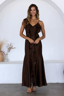 Storia Satin Ruffle V-Neck Dress in Brown