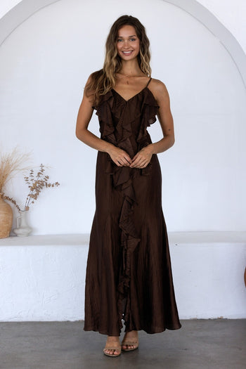 Storia Satin Ruffle V-Neck Dress in Brown