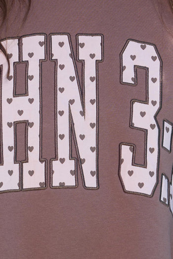 BucketList “John 3:16” Heart Applique Varsity Sweatshirt in Brown
