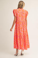 Jodifl Tropical Bloom Ruffle Sleeve Midi Dress in Orange