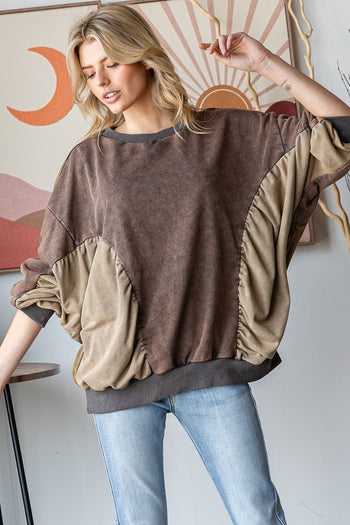 Oli & Hali Color Block Cinched Detailed Top in Mocha