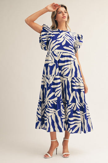 Jodifl Tropical Palm Print Tiered Midi Dress in Royal