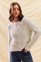 So Me Fuzzy Knit Cardigan with Gold Buttons in Ivory