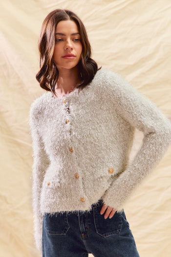 So Me Fuzzy Knit Cardigan with Gold Buttons in Ivory