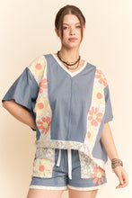Load image into Gallery viewer, Davi &amp; Dani OVERSIZED Knit and Lace Top with Flower Patches in Blue Multi
