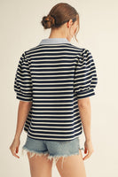 Jodifl Textured Striped Top with Contrasting Detail in Navy
