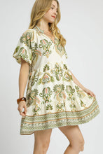Load image into Gallery viewer, Umgee Boho Print Tiered Mini Dress in Light Olive Mix
