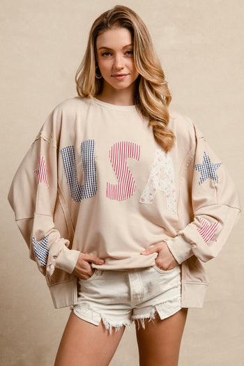 BiBi OVERSIZED French Terry Top with Mixed Print USA and Star Patches in Oatmeal