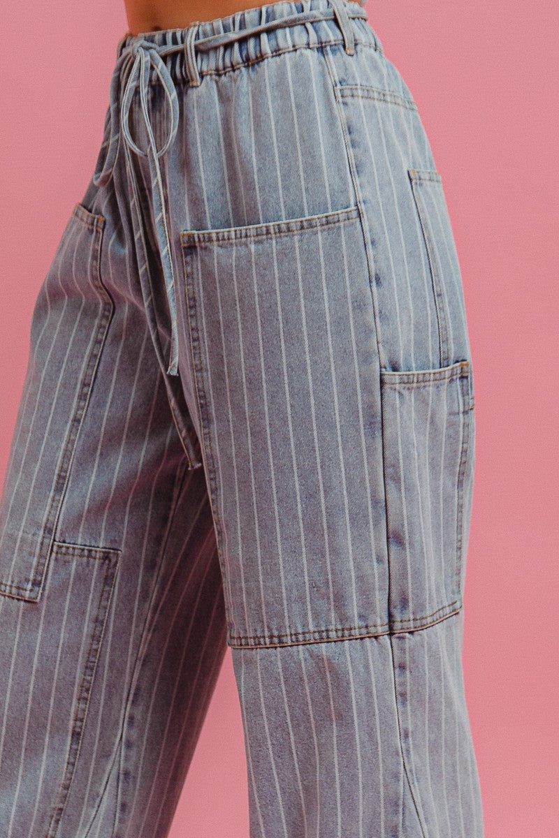 BiBi Washed Pinstripe Cargo Pants in Denim – June Adel BiBi Washed Pinstripe Cargo Pants in Denim – June Adel