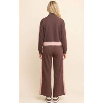 Davi & Dani Color Block Zip Up Jacket in Brown Pink