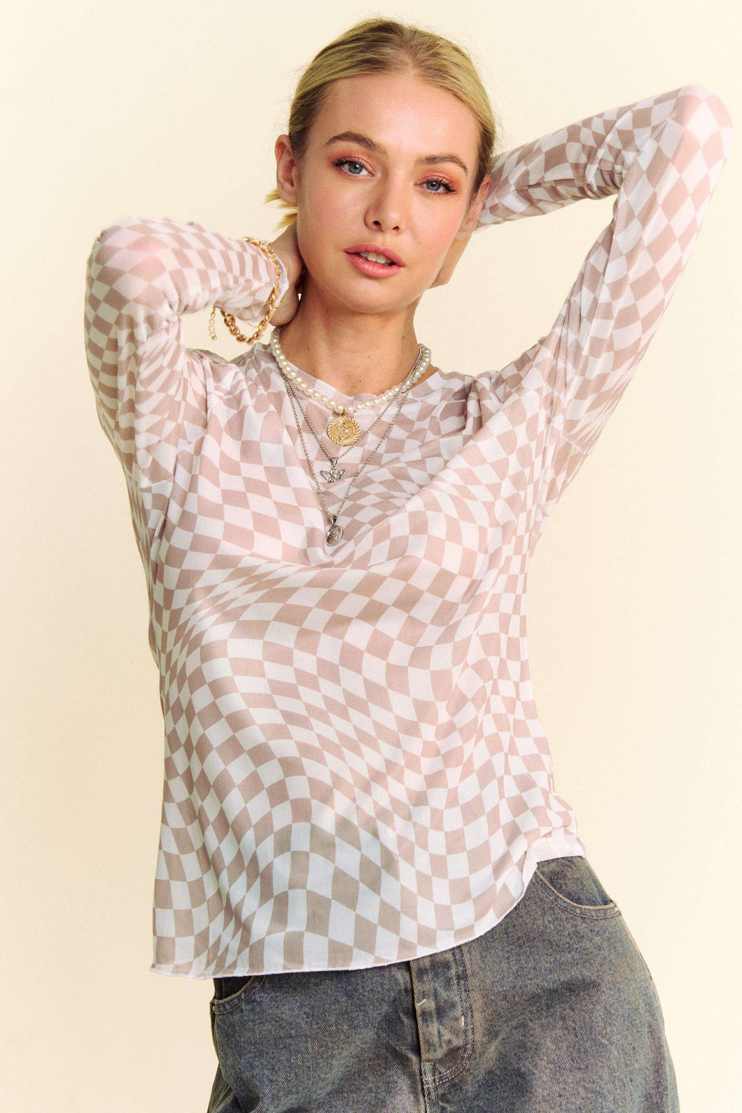 Davi & Dani Checkered Board Print Mesh Layering Top in Ivory Taupe