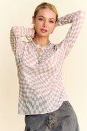 Davi & Dani Checkered Board Print Mesh Layering Top in Ivory Taupe