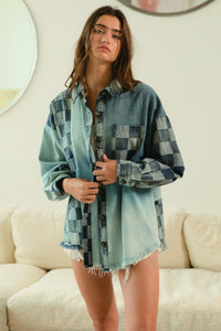 BiBi Checkered Denim Mix N Match Patched Top in Denim