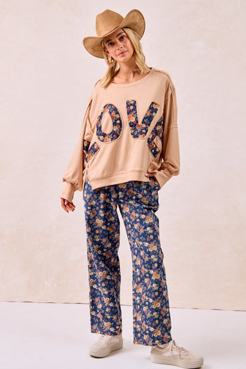 BiBi OVERSIZED French Terry Top with Floral "LOVE" Letter Patches in Oatmeal/Denim