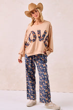 Load image into Gallery viewer, BiBi OVERSIZED French Terry Top with Floral "LOVE" Letter Patches in Oatmeal/Denim
