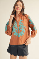 Jodifl Baroque Applique Detail Top in Toffee/Turquoise