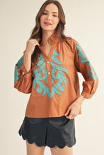 Load image into Gallery viewer, Jodifl Baroque Applique Detail Top in Toffee/Turquoise

