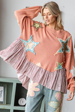 Load image into Gallery viewer, Oli &amp; Hali Mineral Washed Star Patched Top with Contrasting Ruffled Hem in Salmon
