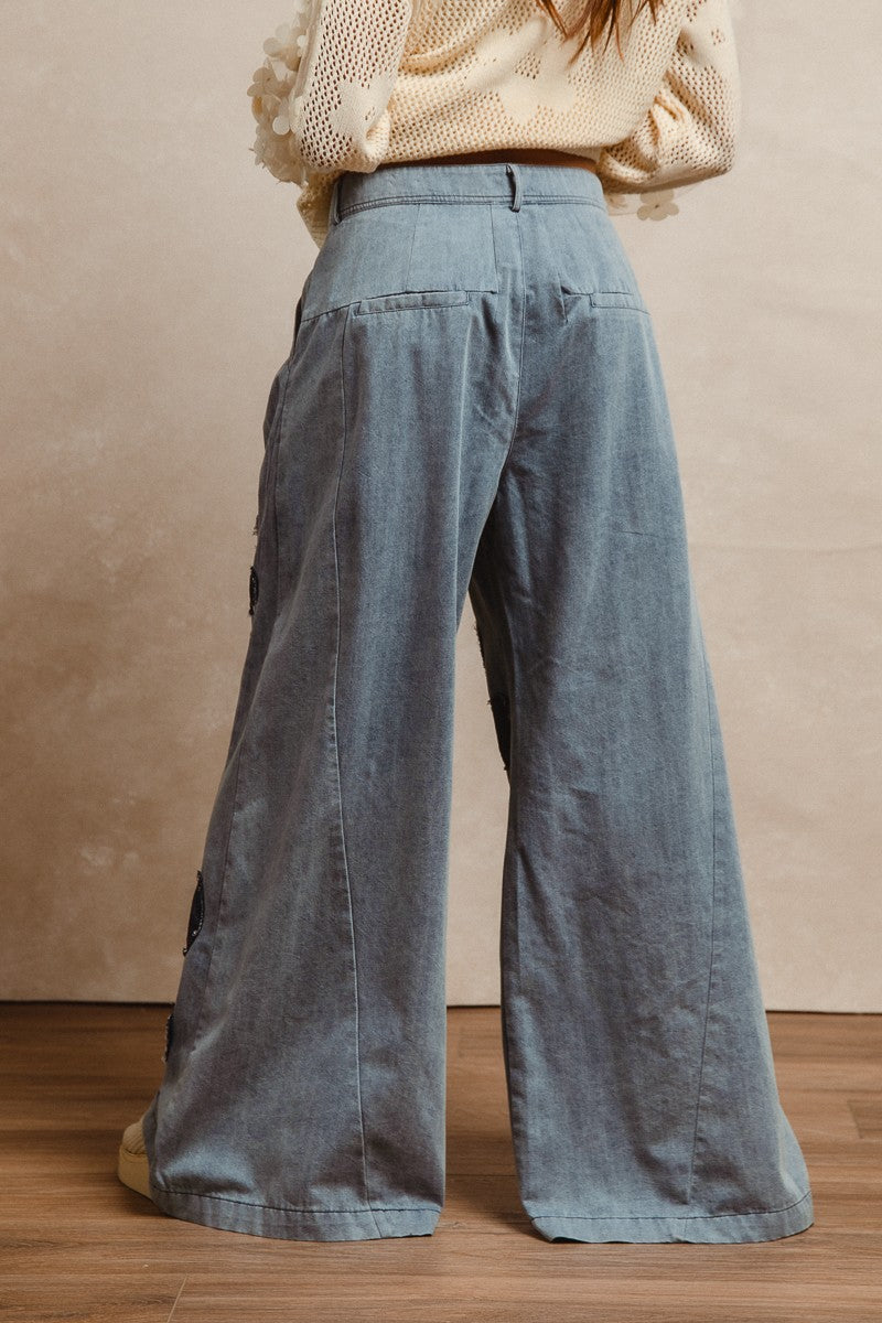 BiBi Flower Patched Washed Chambray Pants in Denim/Dark Denim