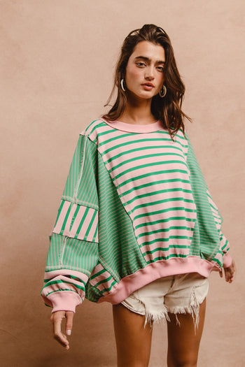 BiBi OVERSIZED Mixed Striped with Contrasting Color Panels Top in Blush/Emerald