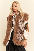 Davi & Dani Floral Jacquard and Faux Fur Trim Vest in Brown