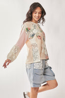 Davi & Dani Contrasting Fabric and Lace Top in Beige