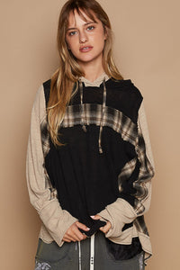 POL OVERSIZED Cotton and Plaid Hooded Top in Black