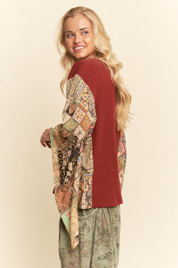 Davi & Dani Boho Patchwork Knit Poncho Top in Burgundy