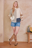 mello. OVERSIZED Mixed Fabric Color Block Daisy Patch Top in Multi Brown