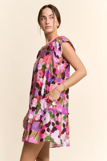 Davi & Dani Ruffle Sleeve Floral Dress in Berry Pink