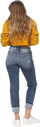Judy Blue Destroyed Mid Rise Cuffed Boyfriend Jeans in Medium