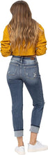 Load image into Gallery viewer, Judy Blue Destroyed Mid Rise Cuffed Boyfriend Jeans in Medium

