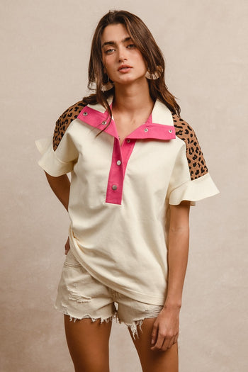 BiBi Soft Knit Collared Top with Contrasting Color and Leopard Print in Ivory