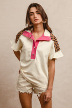 Load image into Gallery viewer, BiBi Soft Knit Collared Top with Contrasting Color and Leopard Print in Ivory

