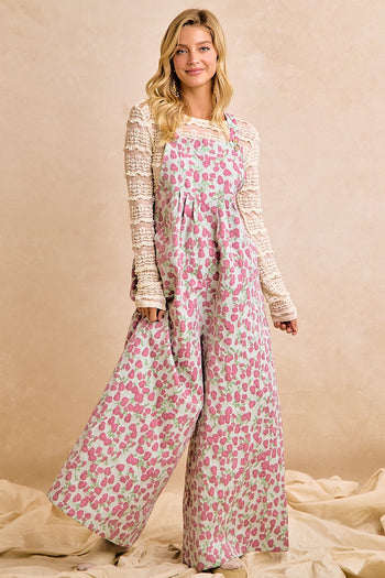 BiBi Jacquard Vintage Floral Overalls in Red